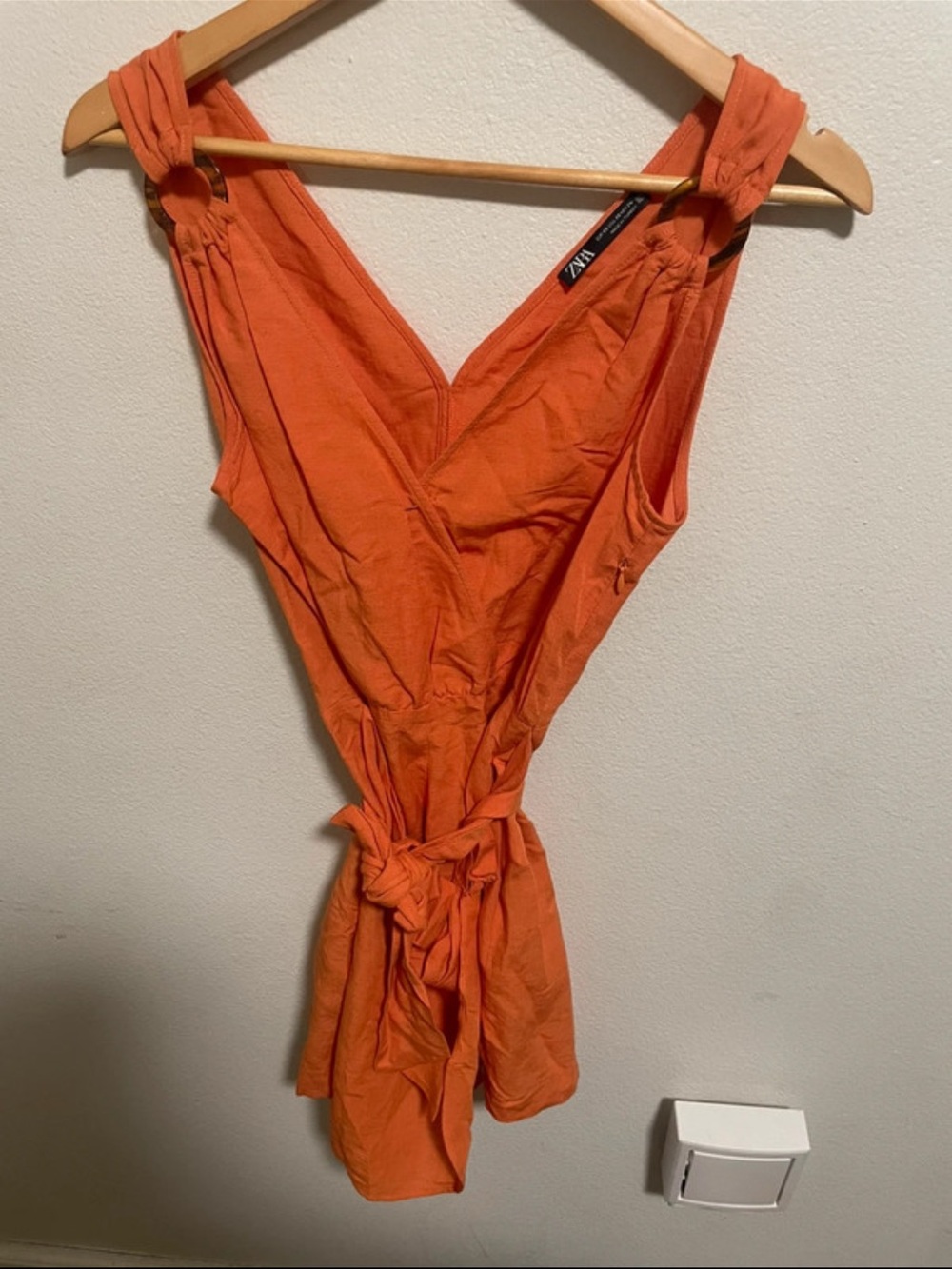 Zara Orange Fabric Waist Tie Belt with Ring-Detail Romper Linen Blend